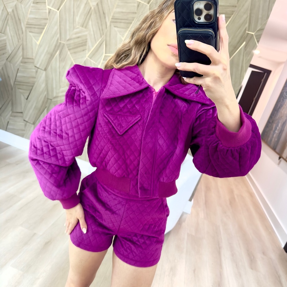 Quilted Velvet Purple Women's Jacket & Shorts